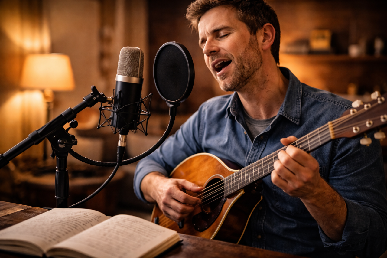 Musician singing while playing Irish bouzouki at home to improve phrasing ear training and melody understanding
